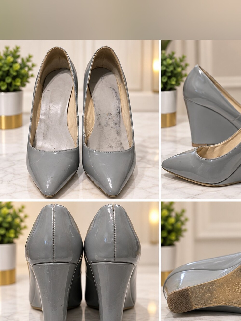 Gray Patent Leather Pointed-Toe Wedge Pumps – Size 40
